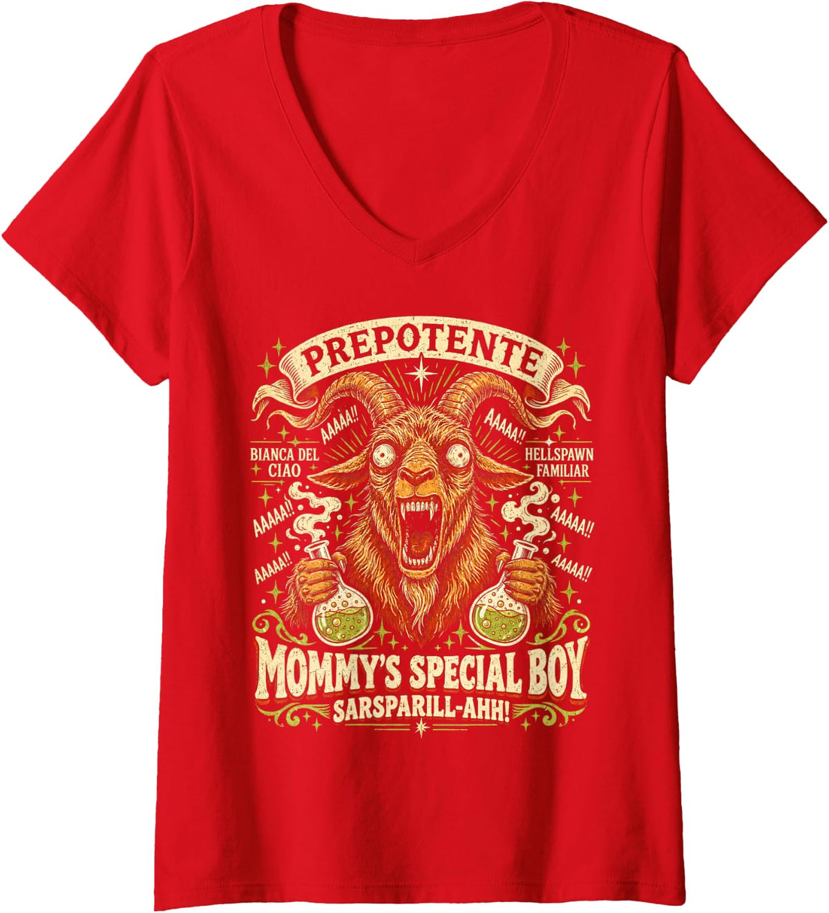 Women's Prepotente Goat Meme Funny Gamer Mommy's Special Boy Vintage V-Neck T-Shirt - Red