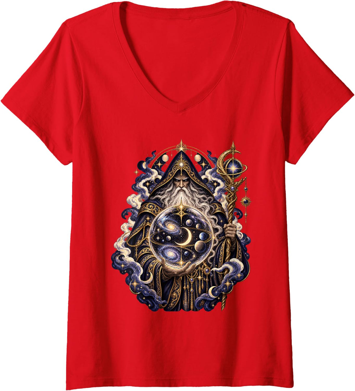 Women's Cosmic Orb Celestial Sorcerer Magic Fantasy Wizard V-Neck T-Shirt - Red