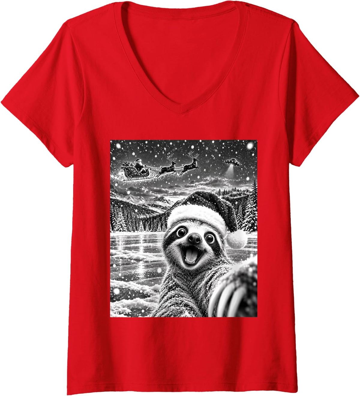 Women's Sloth Selfie with Santa Funny Christmas Men Women Kids V-Neck T-Shirt - Red