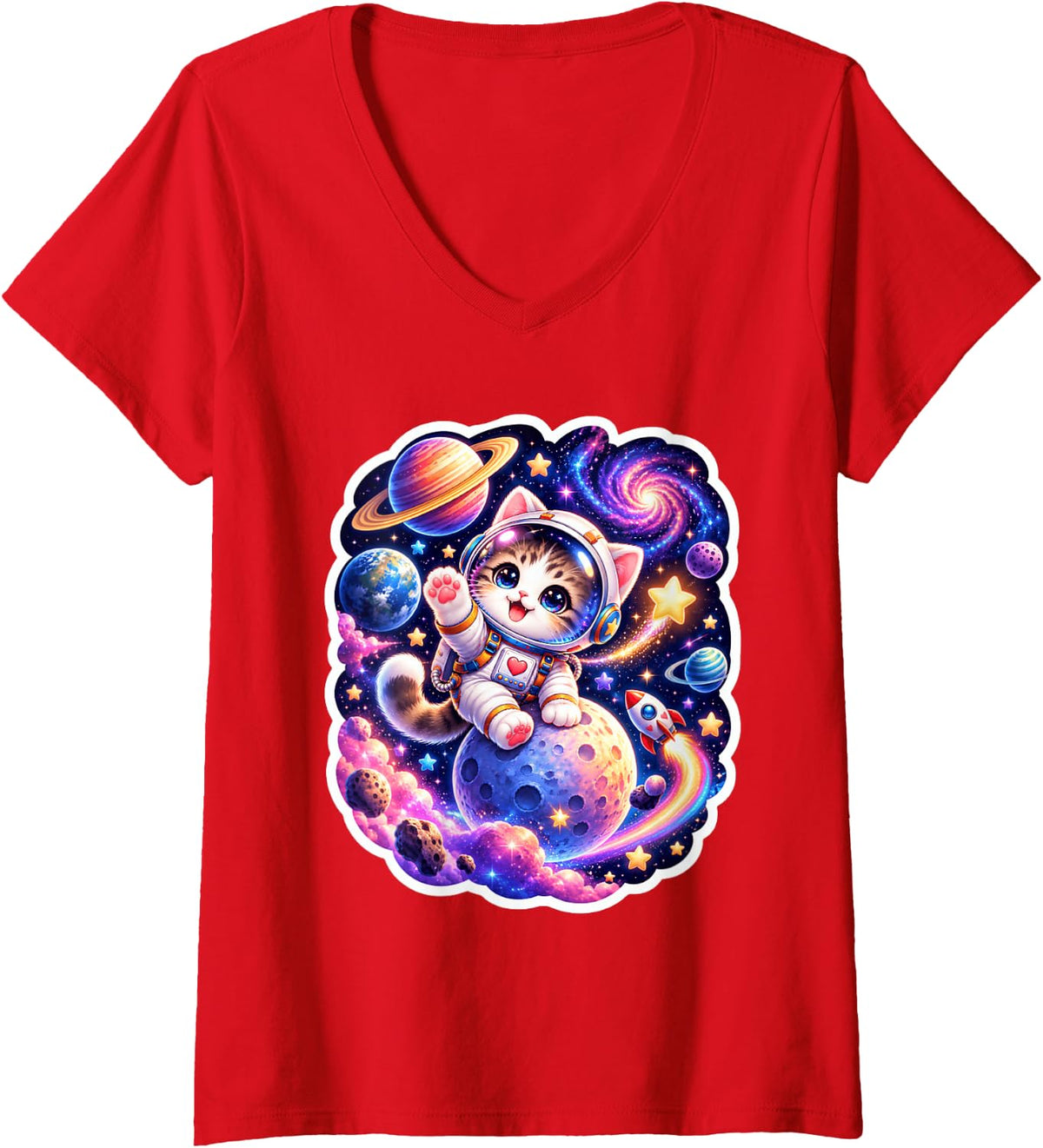 Women's Cute Space Cat Astronaut Galaxy Adventure V-Neck T-Shirt - Red