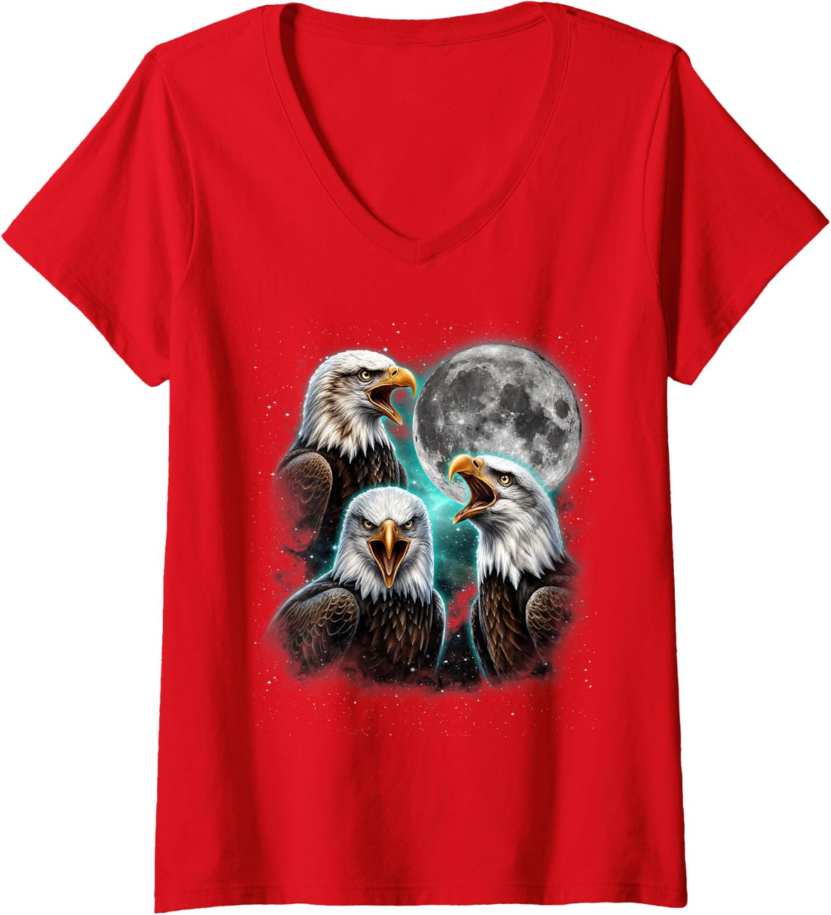 Women's Three Bald Eagle Moon Meme Funny American Bird Eagles Lover V-Neck T-Shirt - Red