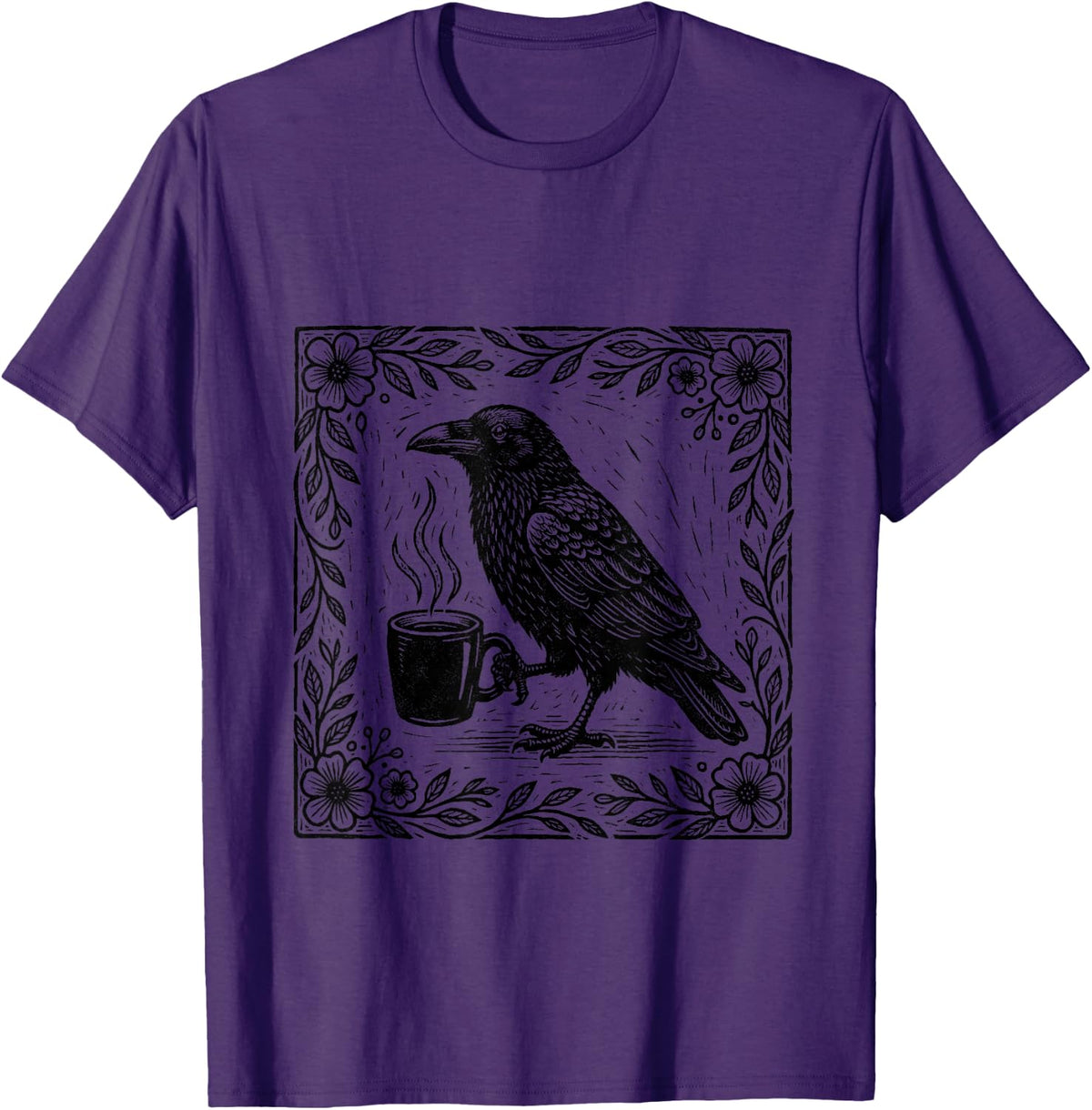 Raven with Coffee Mug Illustration Linocut Style Flowers T-Shirt - Purple