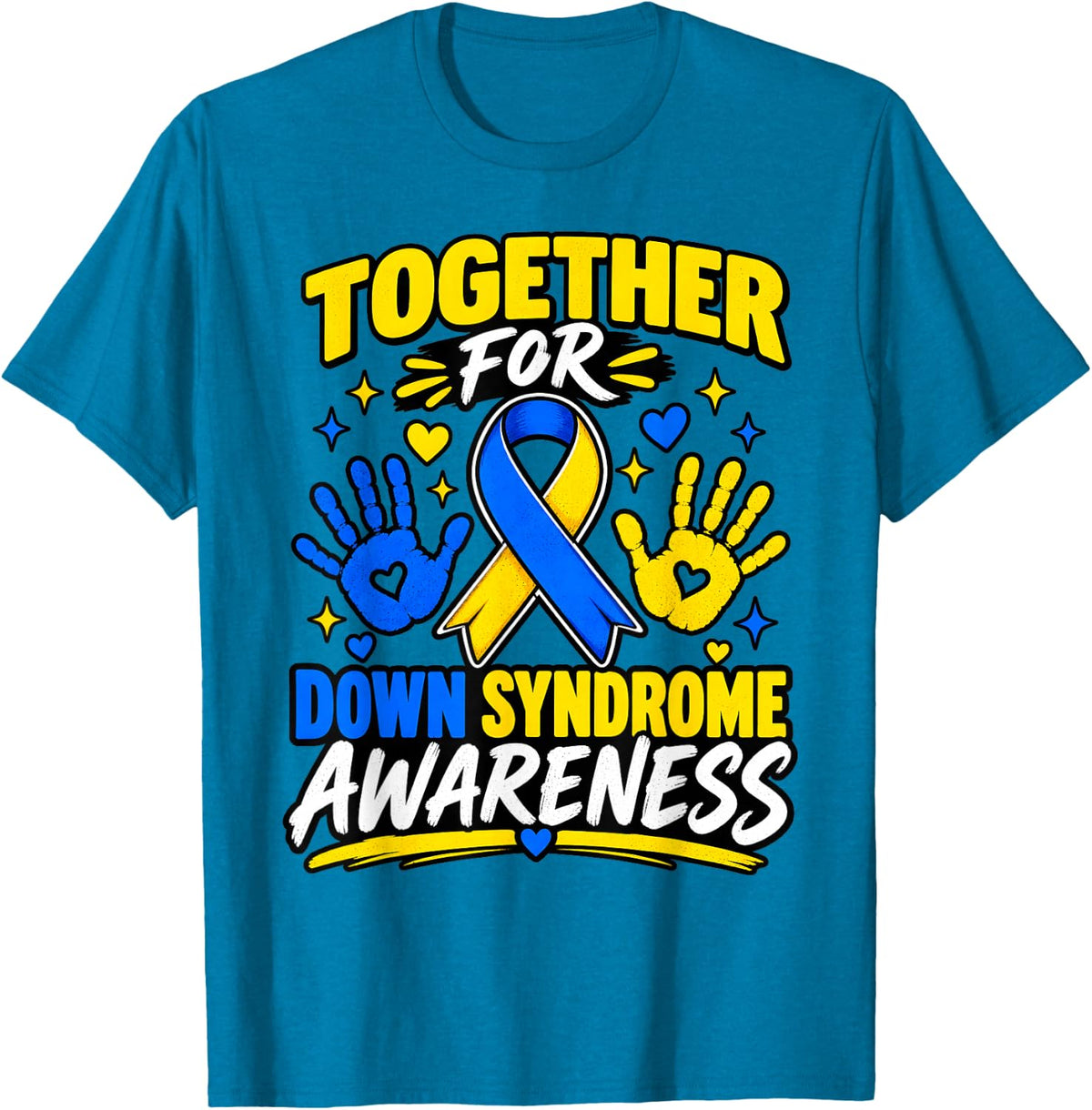 Together for Down Syndrome Awareness Ribbon Handprints T-Shirt - Sapphire Blue