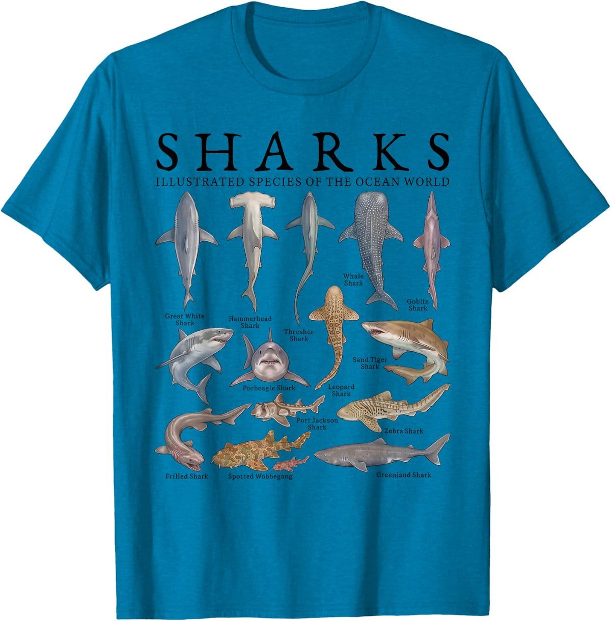 Shark Species Marine Biology Ocean Animal Art Tees T Shirts for Men Women - Sapphire Blue