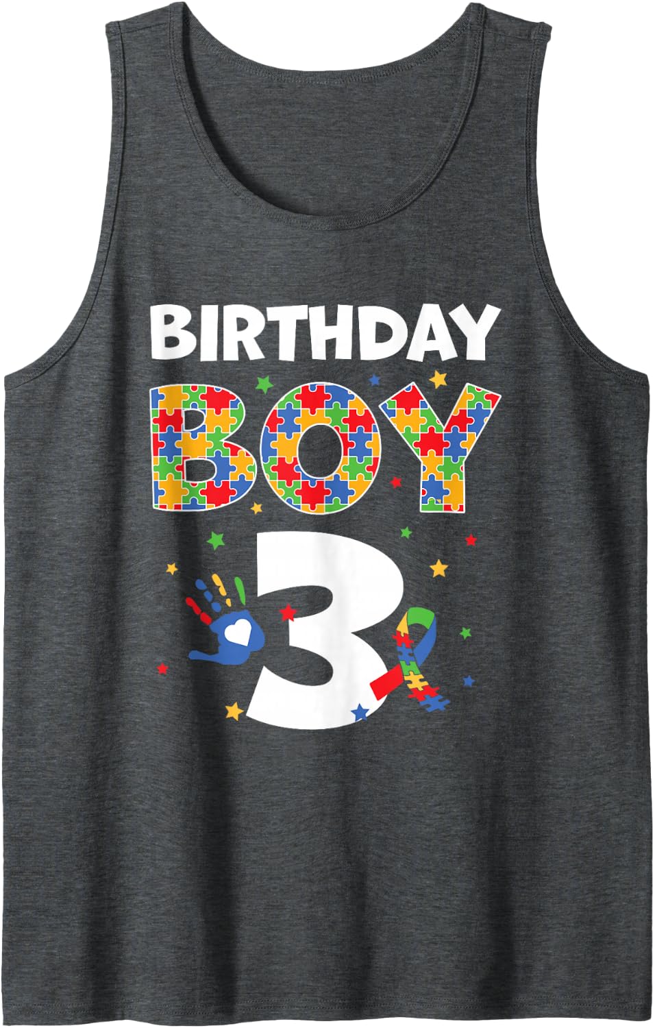 The 3rd Birthday Boy Autism Awareness Puzzle Piece Sleeveless Tank Top - Dark Heather Grey