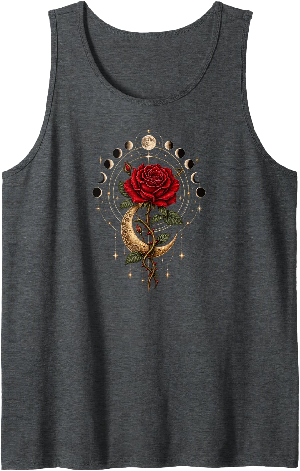 Red Goth Rose Crescent Moon Lunar Phases Celestial Botanical Sleeveless Tank Top - Dark Heather Grey