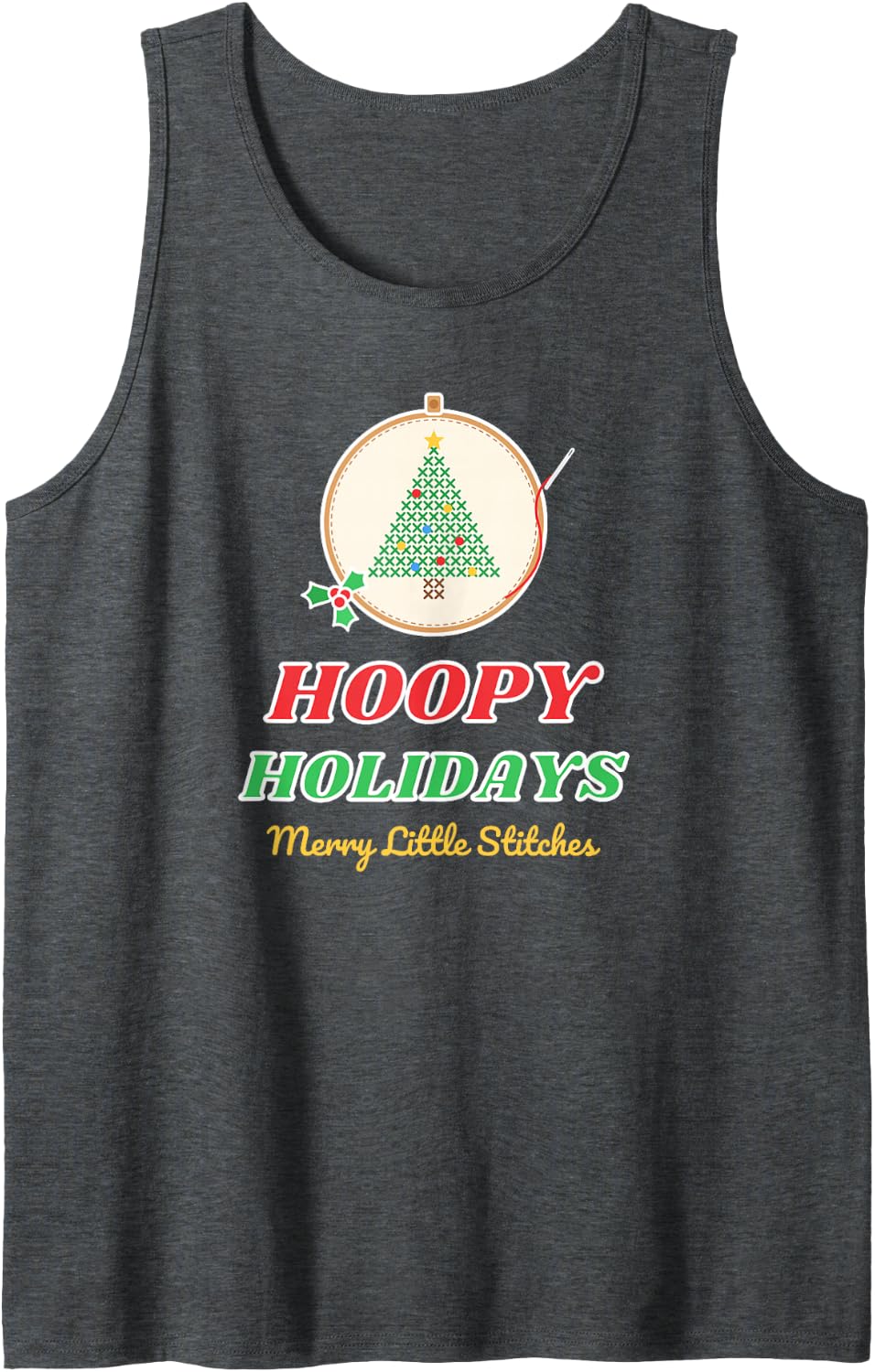Hoopy Holidays Christmas Embroidery Cross Stitch Lover Sleeveless Tank Top - Dark Heather Grey