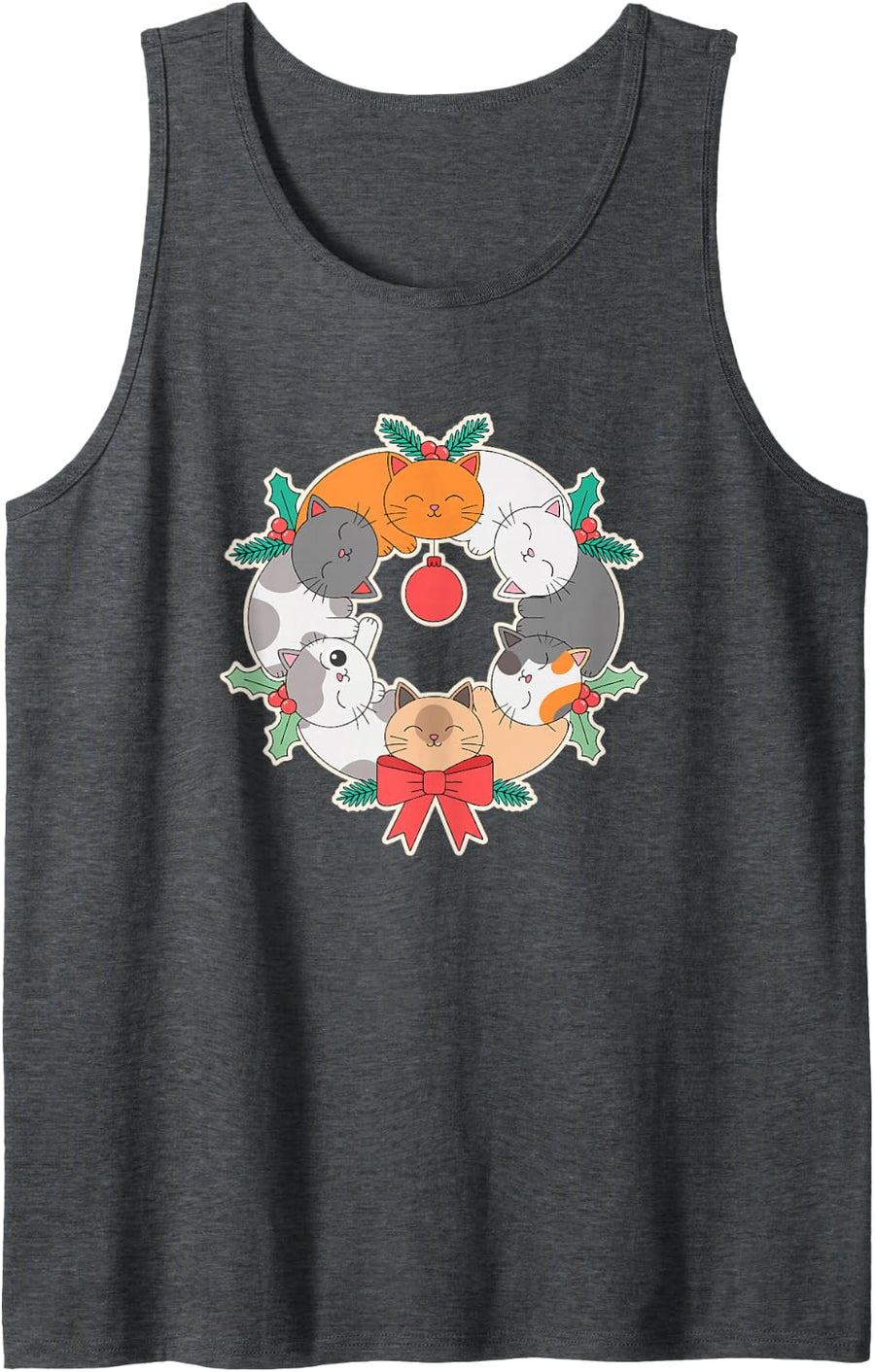 Cat Christmas Wreath Cute Sleeping Kitties Holly Bow Holiday Sleeveless Tank Top - Dark Heather Grey
