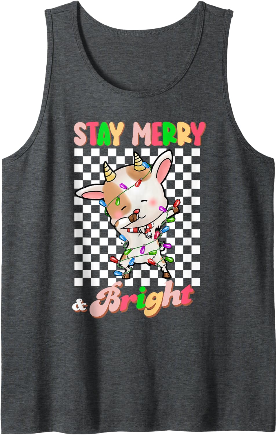 Dabbing Goat Stay Merry and Bright Groovy Christmas Xmas Sleeveless Tank Top - Dark Heather Grey