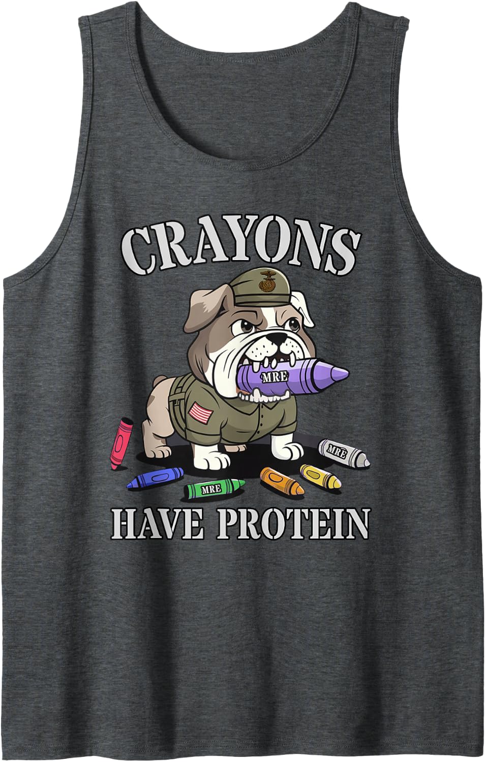 Funny Crayons Have Protein Military Squad Dog Officer Meme Sleeveless Tank Top - Dark Heather Grey