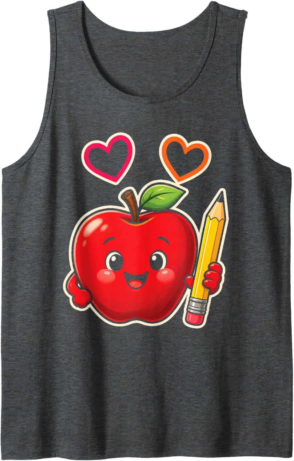 Elementary School Apple Teacher Gift Cute Cartoon Pencil Sleeveless Tank Top - Dark Heather Grey