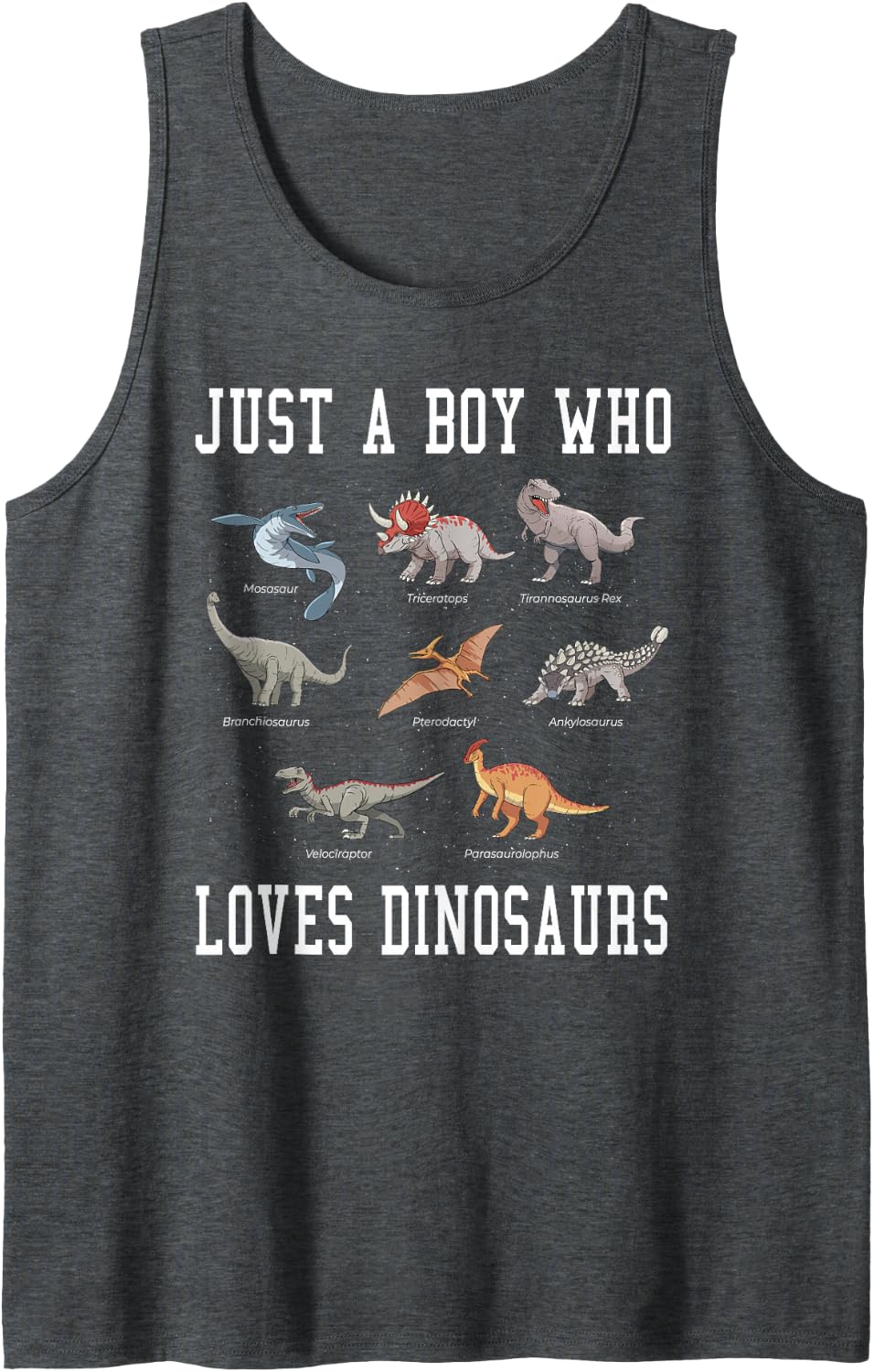Just a Boy Who Loves Dinosaurs Gifts for Paleontologist Boys Sleeveless Tank Top - Dark Heather Grey