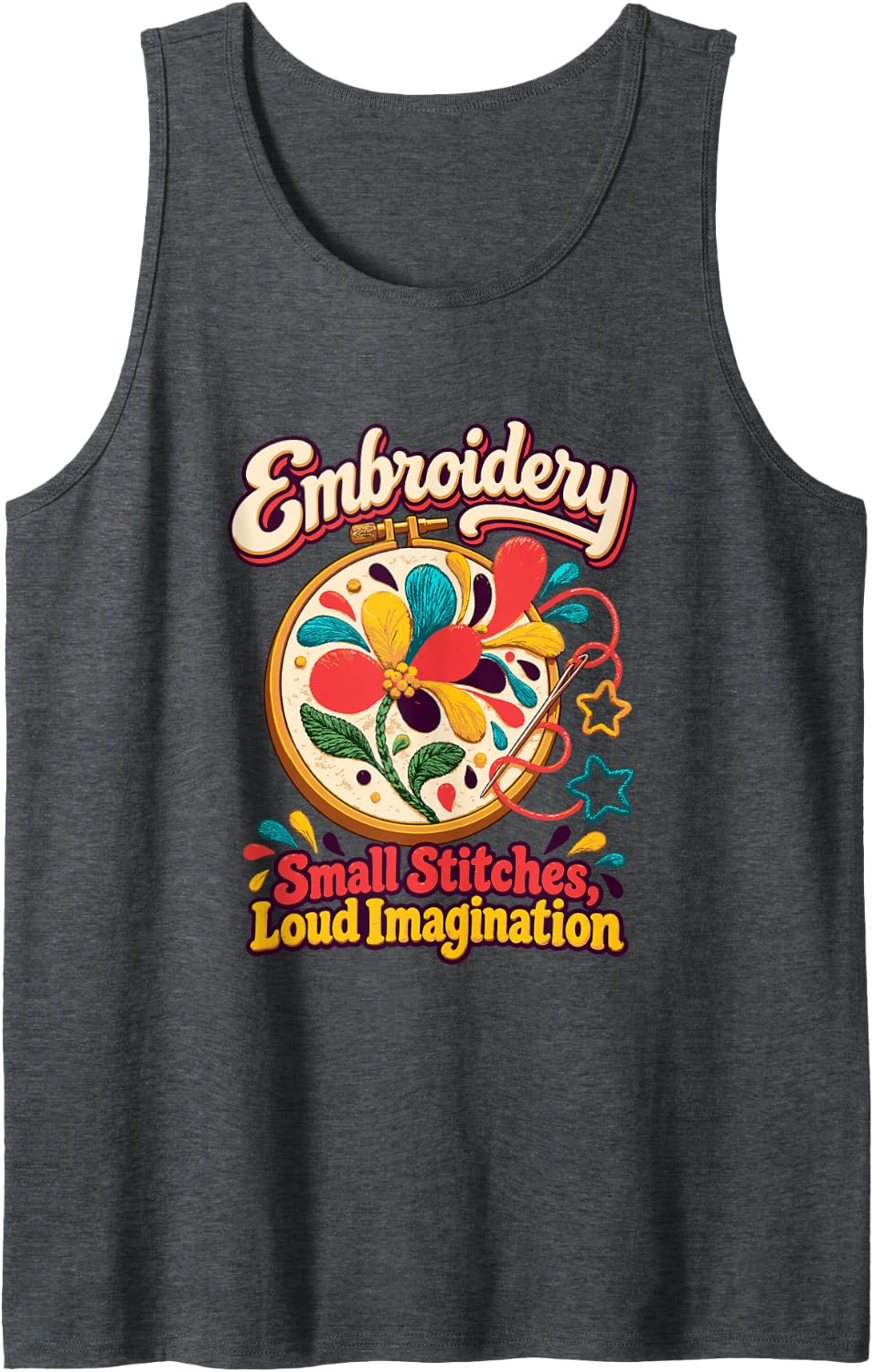 Small Stitches, Loud Imagination Embroidery Sleeveless Tank Top - Dark Heather Grey