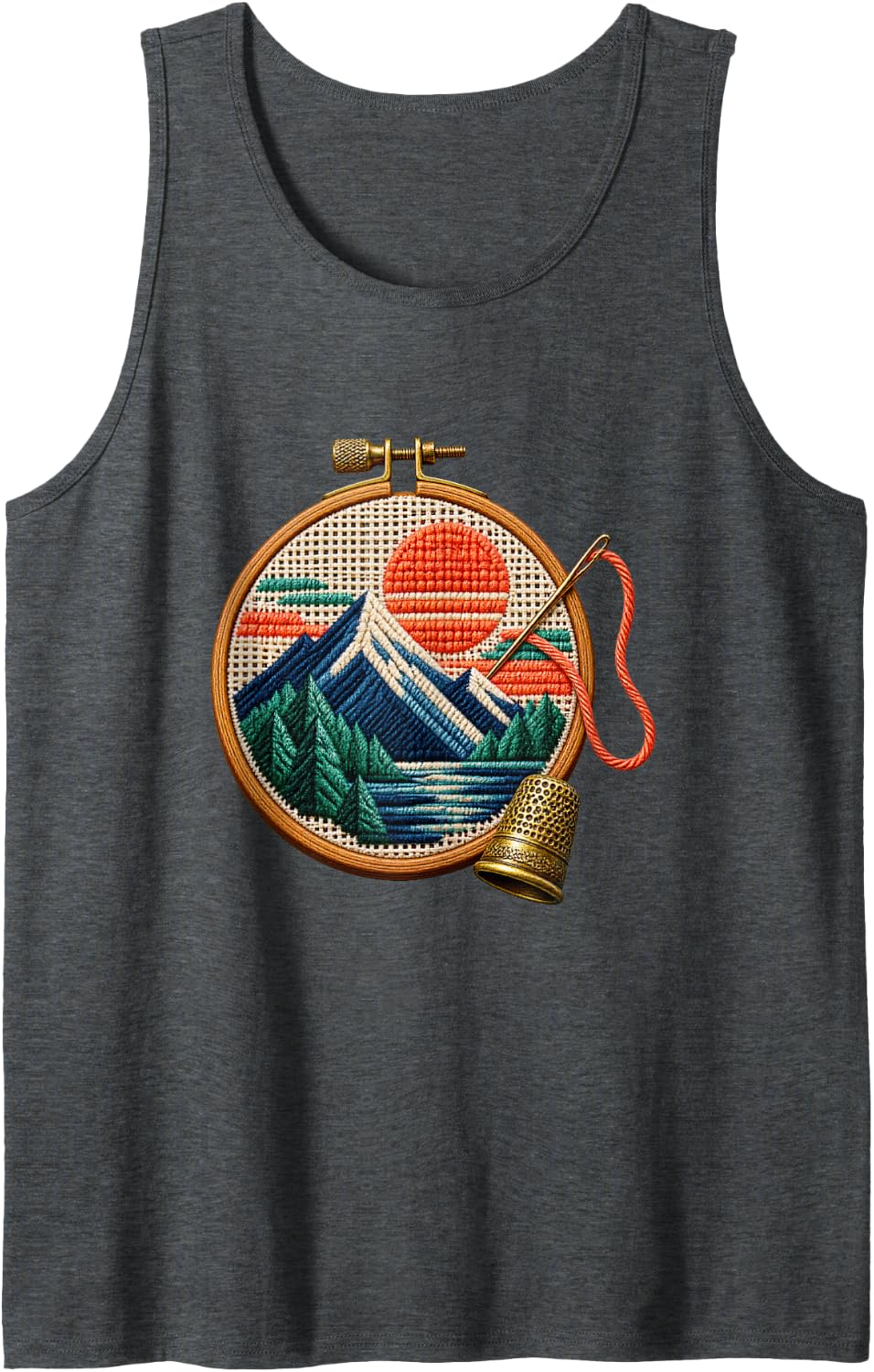 Classic Alpine Lake Needlepoint Hoop with Thread and Needle Sleeveless Tank Top - Dark Heather Grey