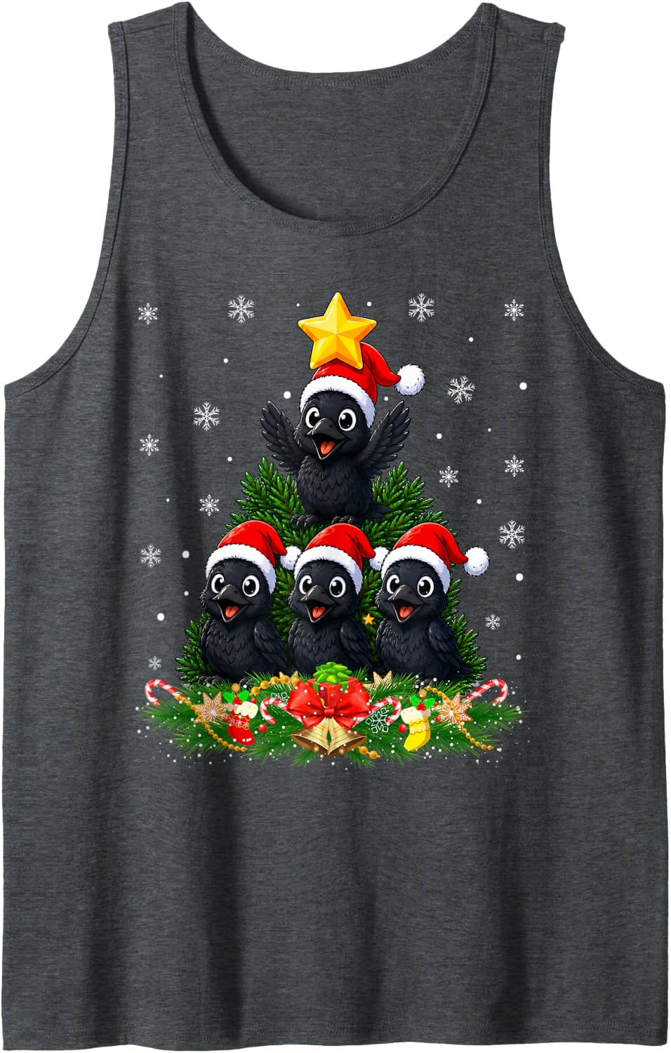 Raven Crow Christmas Tree Cute Festive Raven Crow Xmas Sleeveless Tank Top - Dark Heather Grey
