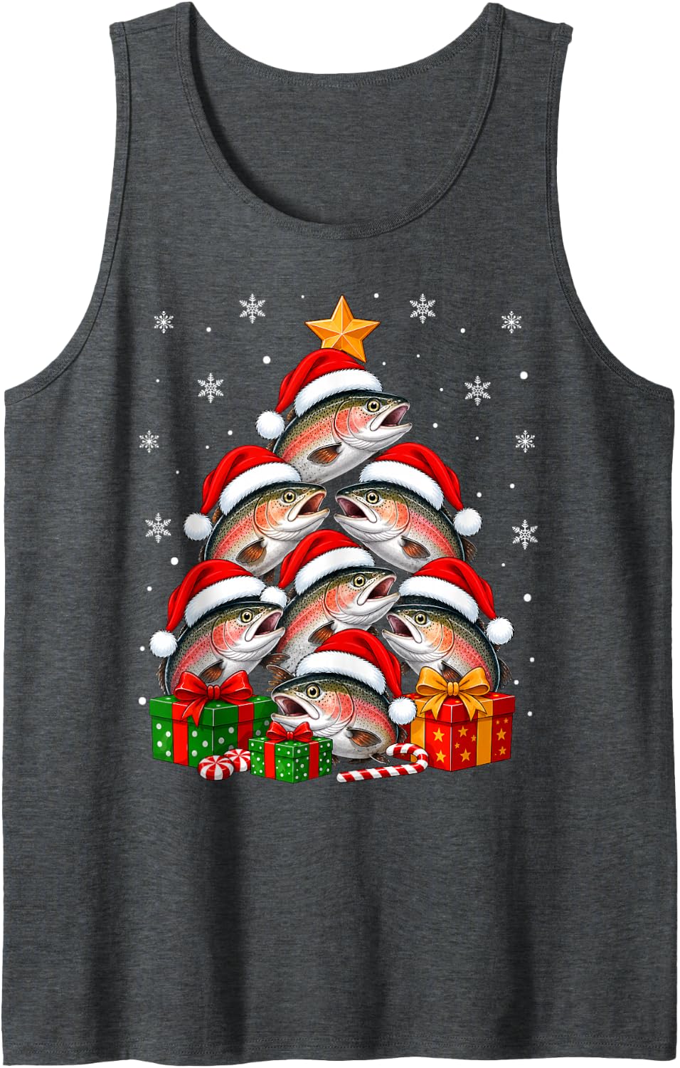 Rainbow Trout Fish Christmas Tree Festive Santa Hat Xmas Sleeveless Tank Top - Dark Heather Grey