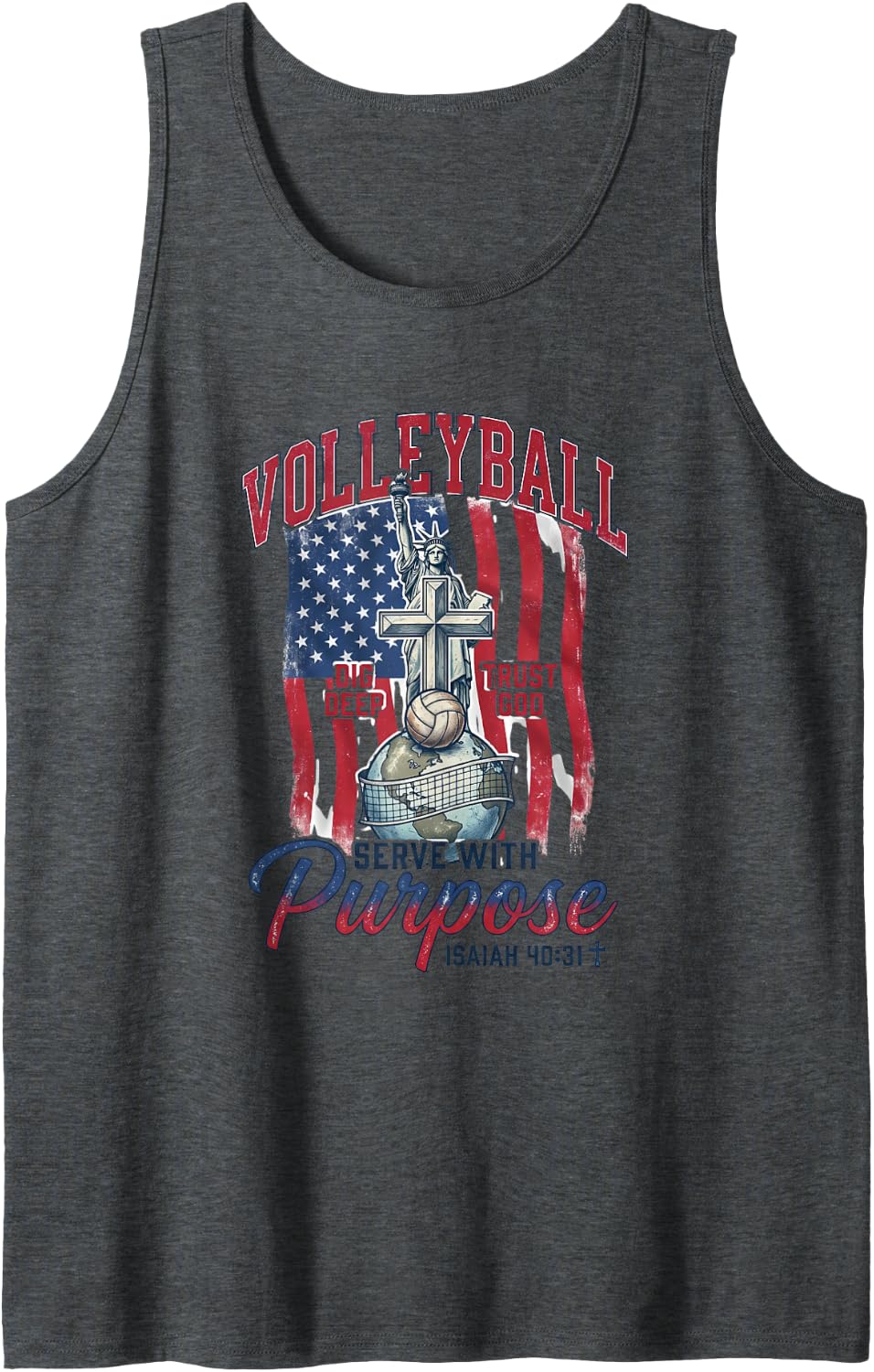 Volleyball Tshirt Christian Jesus Isaiah 40:31 American Flag Sleeveless Tank Top - Dark Heather Grey
