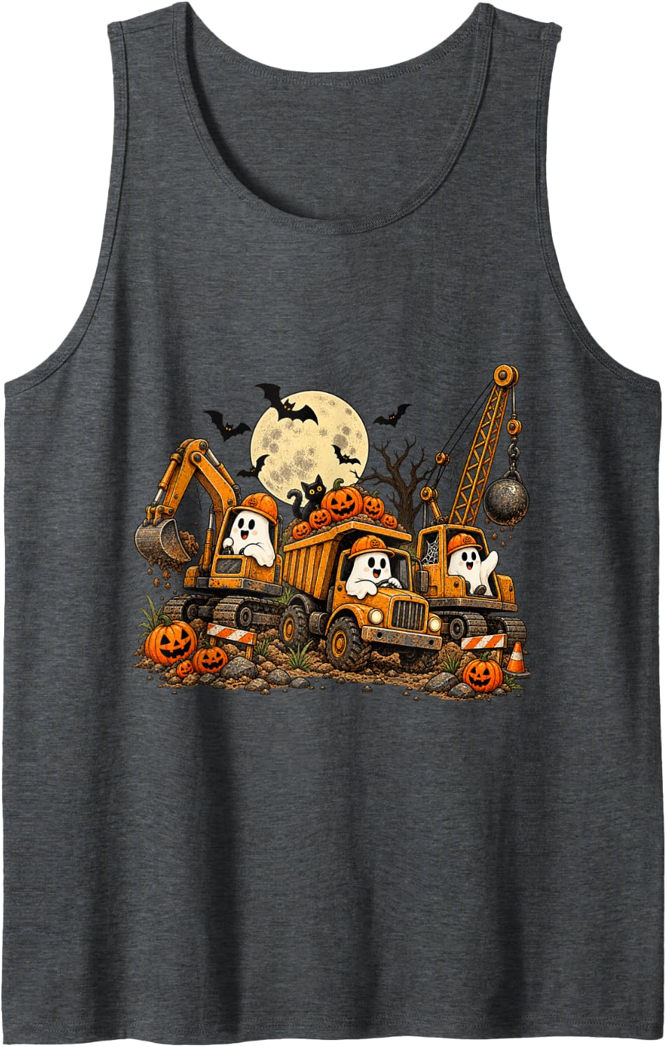 Halloween Construction Ghost Excavator Dump Truck Crane Sleeveless Tank Top - Dark Heather Grey