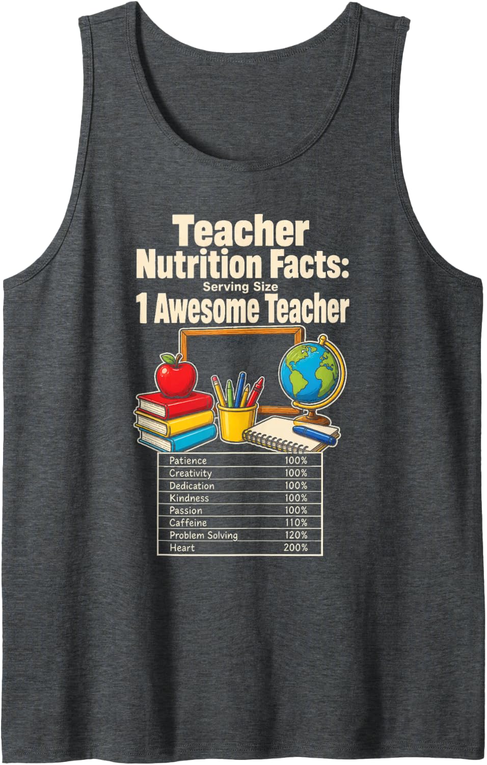 Elementary Teacher Nutrition Facts Gift Serving Size 1 Sleeveless Tank Top - Dark Heather Grey