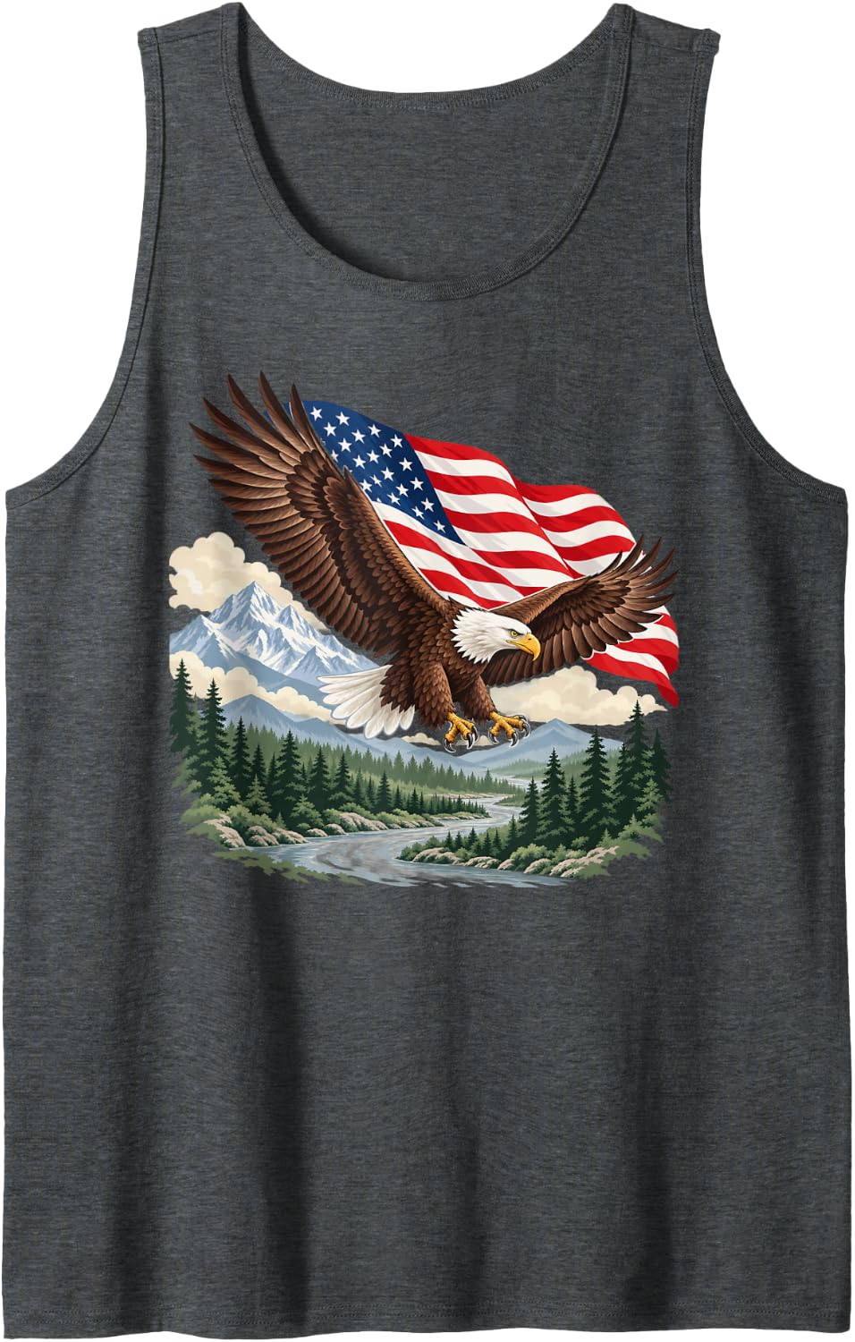 Bald Eagle Patriot Wildlife Mountain Forest Scene Sleeveless Tank Top - Dark Heather Grey