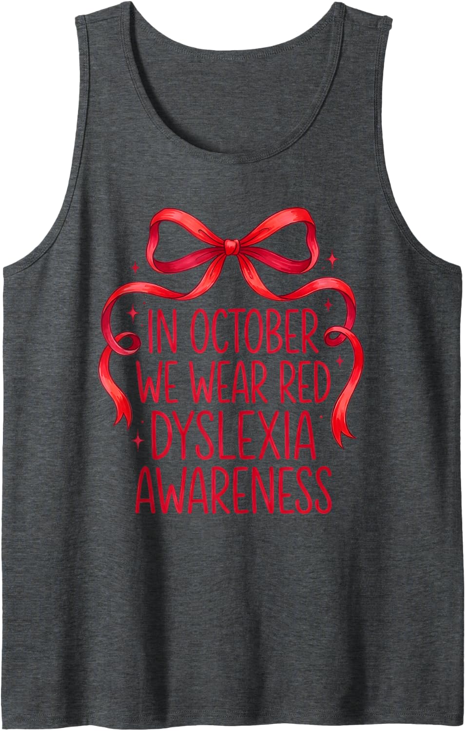 in October We Wear Red Dyslexia Awareness Bow Graphic Sleeveless Tank Top - Dark Heather Grey