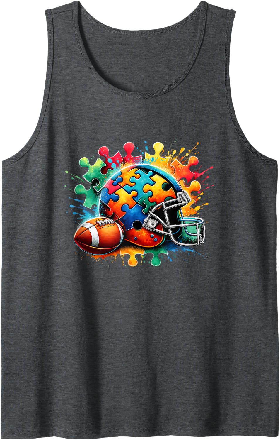 Football Autism Awareness Colorful Rainbow Sleeveless Tank Top - Dark Heather Grey