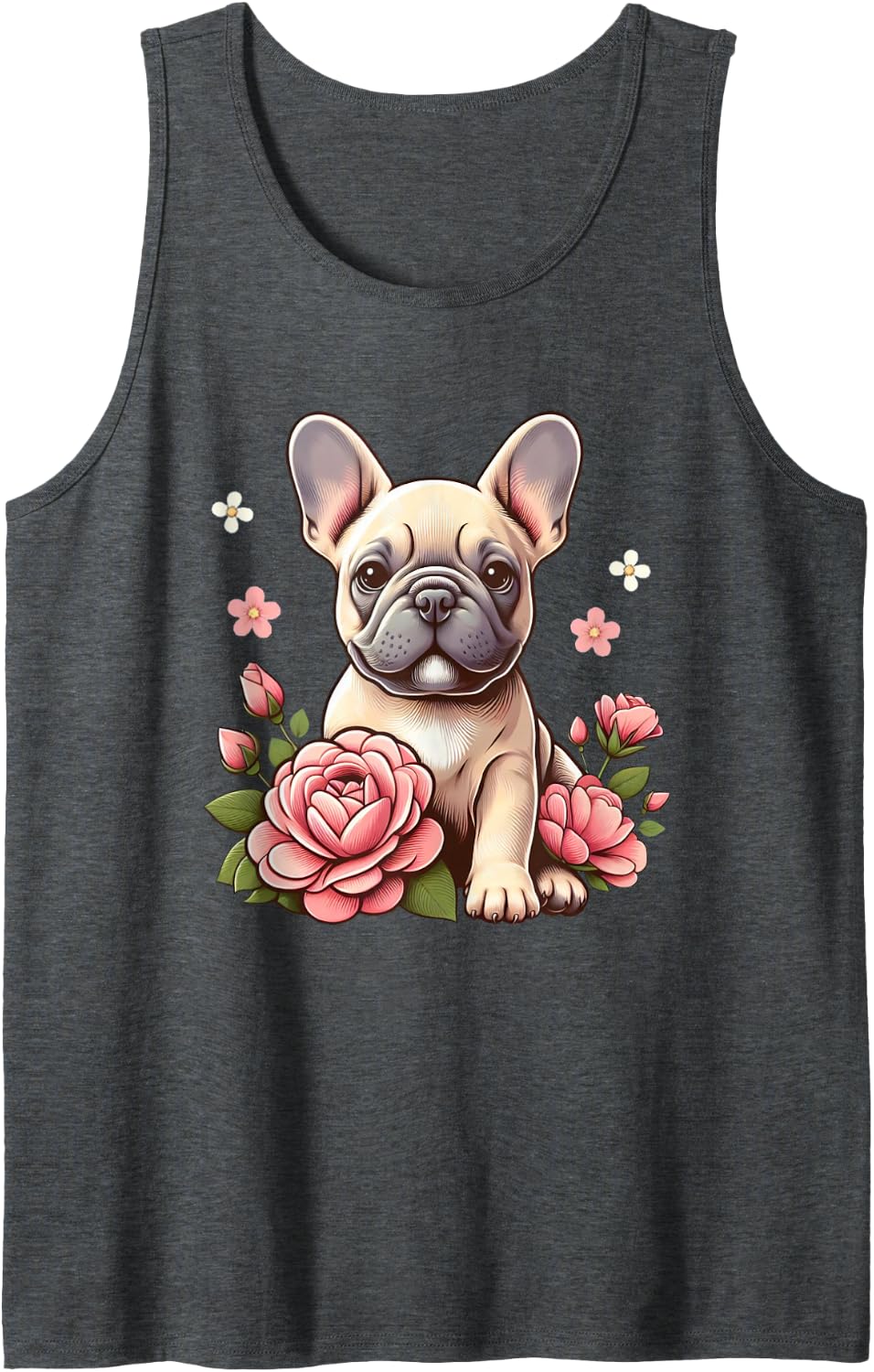 Cute French Bulldog With Chic Flower Dog Lovers Puppy Women Tank Top - Dark Heather Grey