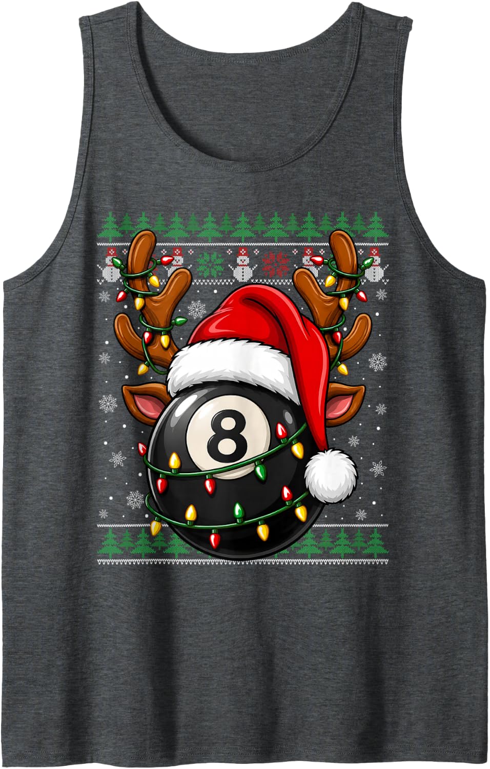 Billiards 8 Ball Christmas Lights Ugly Sweater Festive Xmas Tank Top - Dark Heather Grey