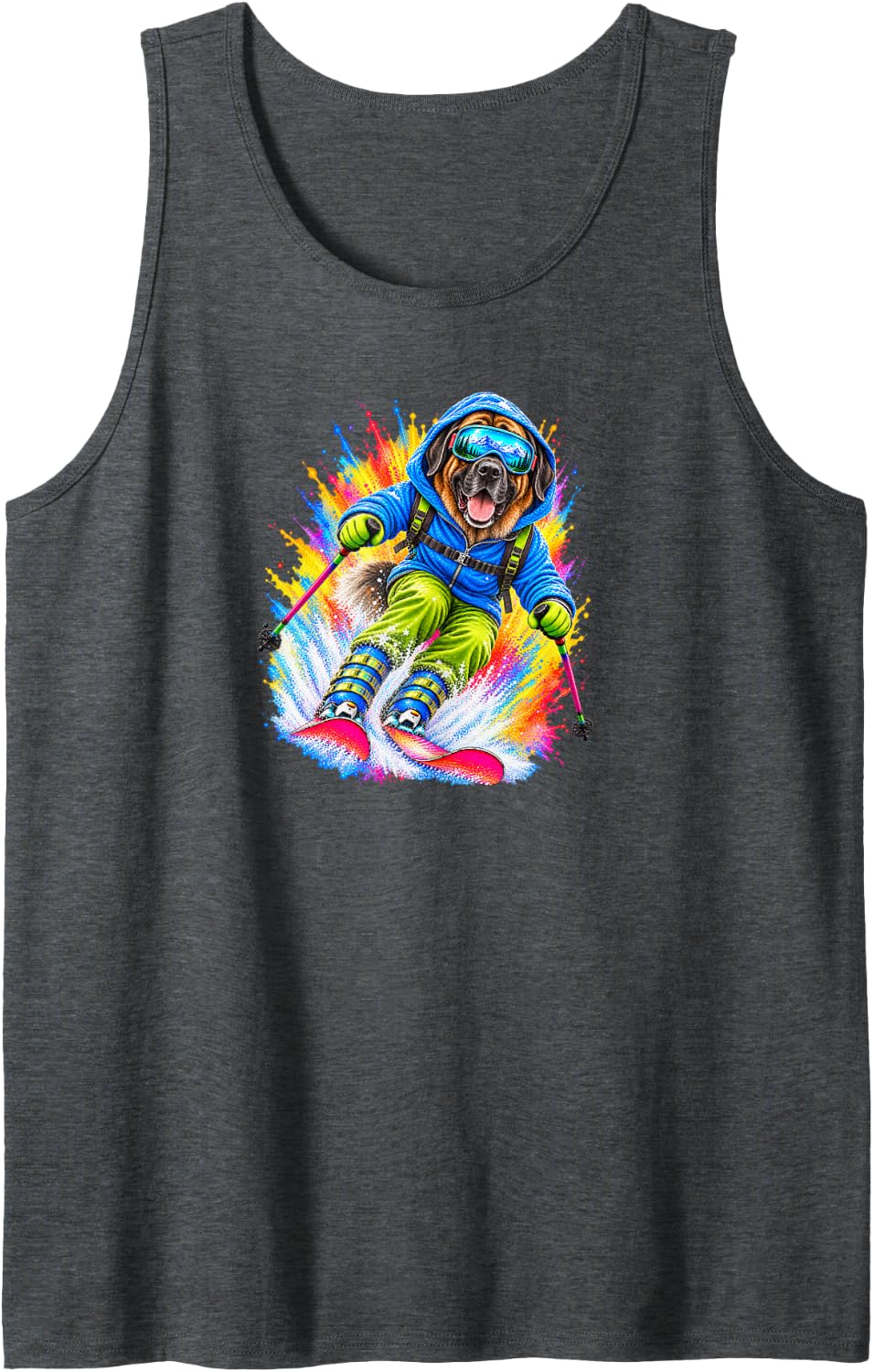 Mastiff Dog Skiing Watercolor Splash Art Sleeveless Tank Top - Dark Heather Grey