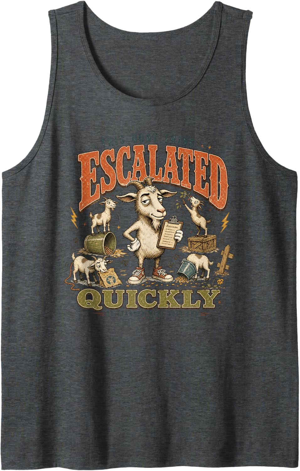 This Goat Thing Escalated Quickly Funny Goats Sleeveless Tank Top - Dark Heather Grey