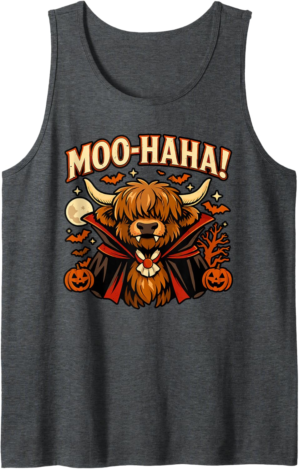 Moo Haha Vampire Highland Cow Funny Halloween Sleeveless Tank Top - Dark Heather Grey