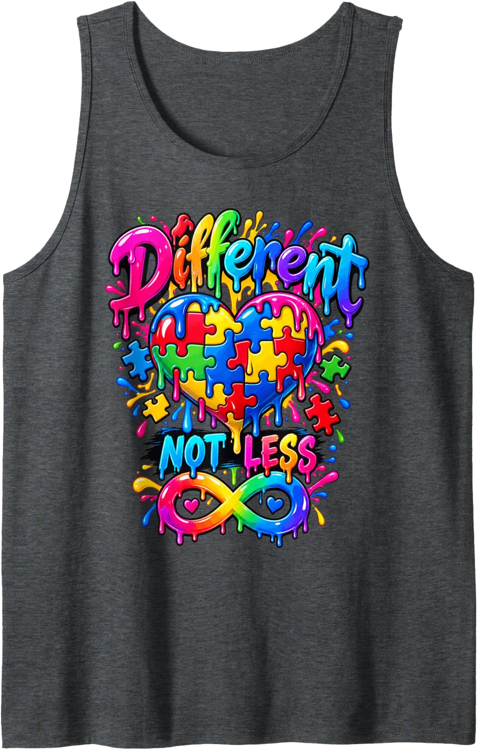 Autism Awareness Different Not Less Puzzle Piece Heart Sleeveless Tank Top - Dark Heather Grey