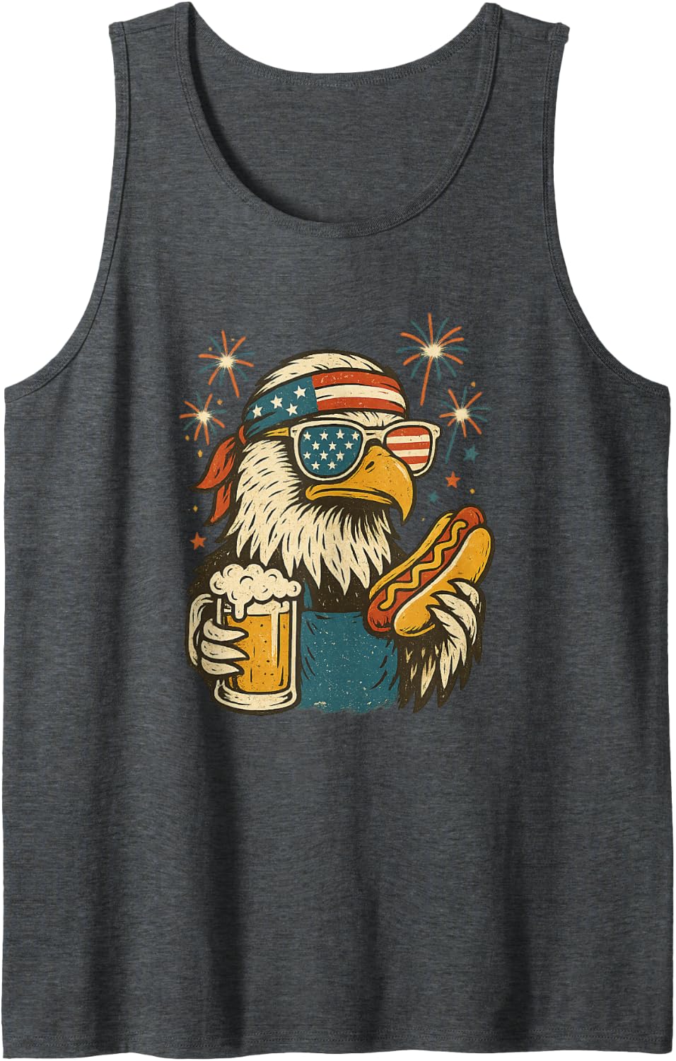 Patriotic Bald Eagle Beer Hot Dog Firework Retro 4th of July Tank Top - Dark Heather Grey