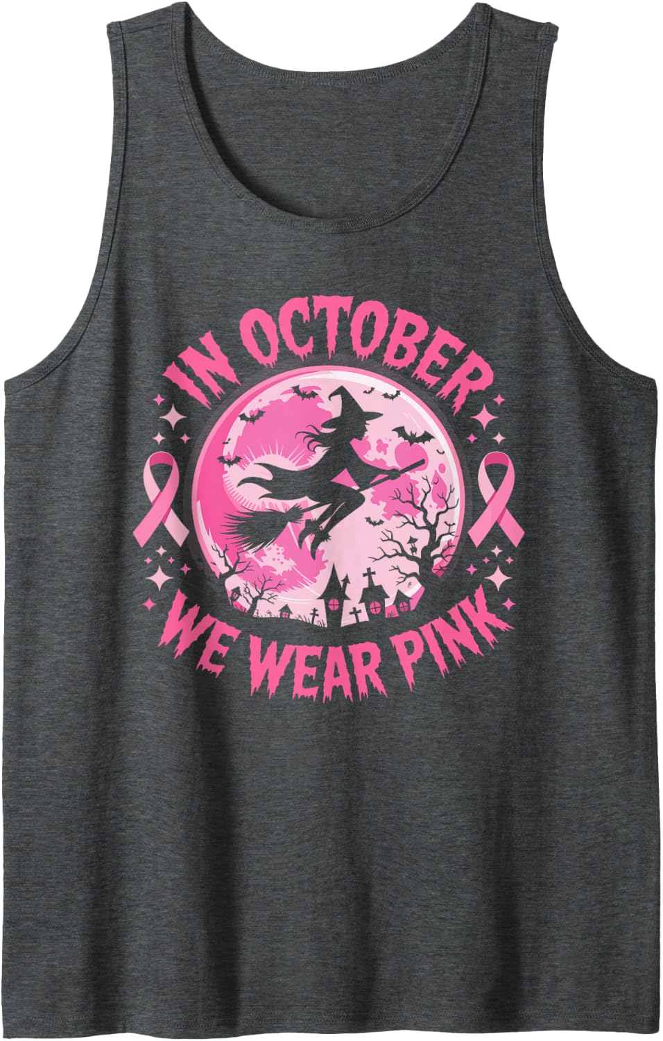 We in October Wear Pink Spooky Witch Breast Cancer Awareness Tank Top - Dark Heather Grey