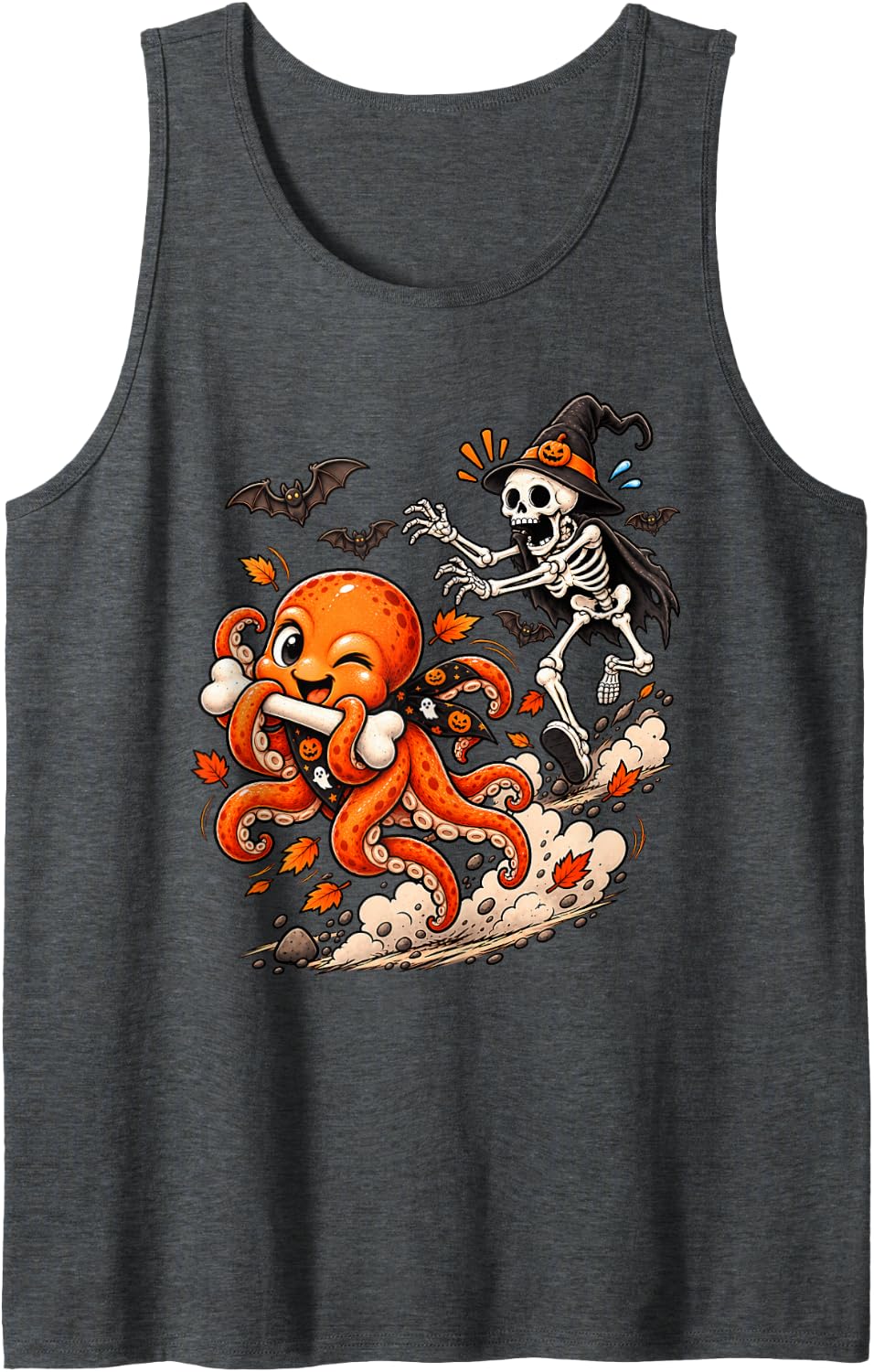 Funny Octopus Chased by Witch Skeleton Halloween Men Women Tank Top - Dark Heather Grey