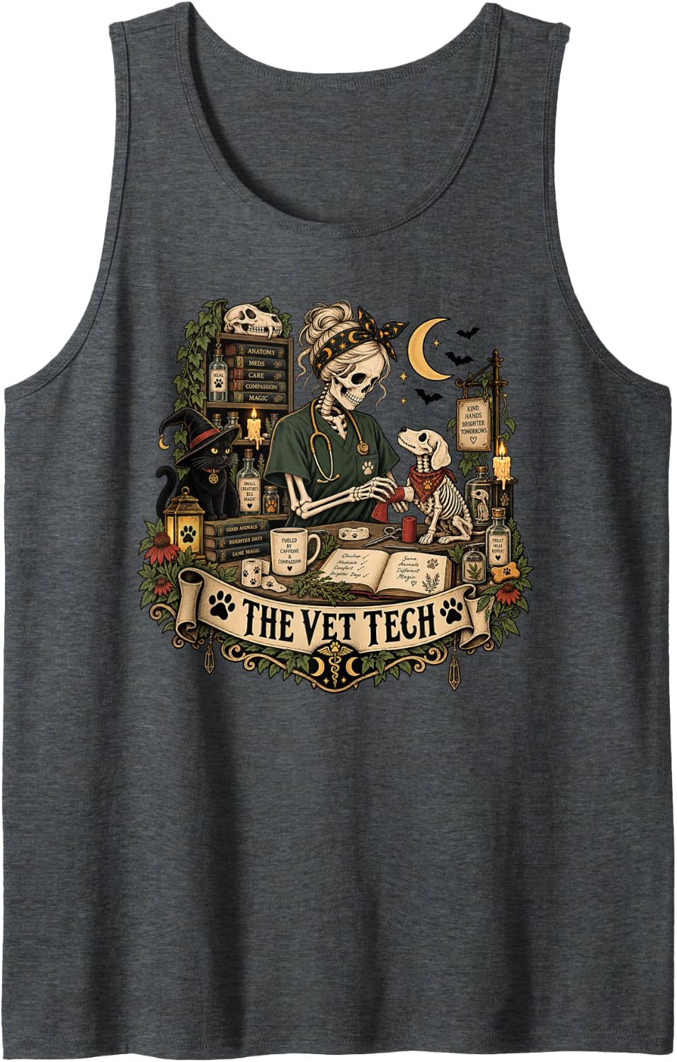 Skeleton Stethoscope Veterinarian The Vet Tech Sleeveless Tank Top - Dark Heather Grey