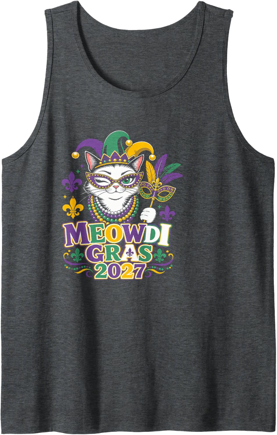 Meowdi Gras 2027 Funny Mardi Gras Cat Beads Parade Sleeveless Tank Top - Dark Heather Grey