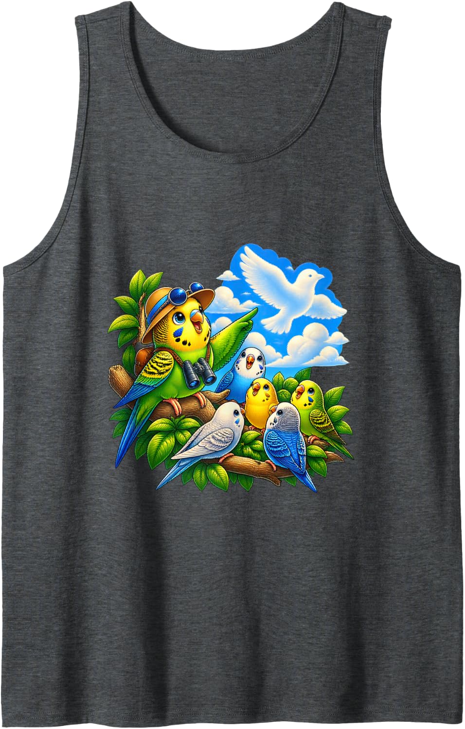 Relieved Parakeet Leading a Cheerful Cloud Watching Club Tank Top - Dark Heather Grey