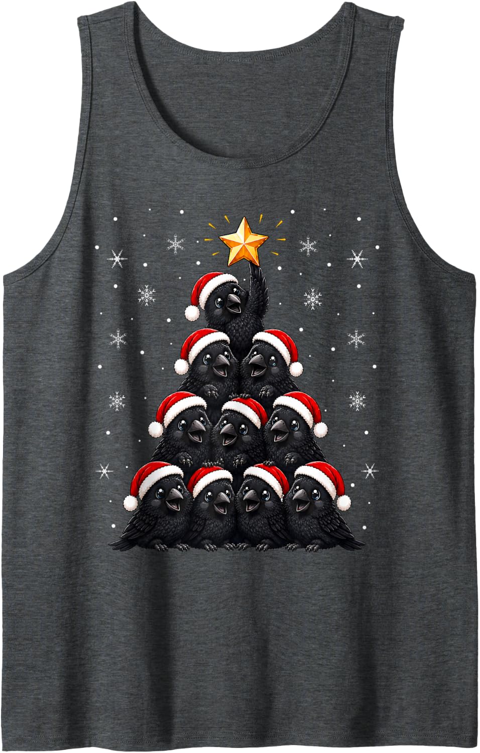 Raven Crow Christmas Tree Cute Festive Santa Xmas Sleeveless Tank Top - Dark Heather Grey