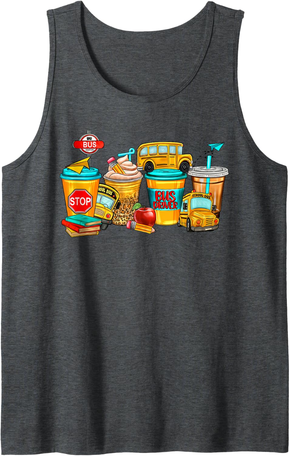 Back to School Bus Driver Coffee Cups, Yellow Bus Driver Men Sleeveless Tank Top - Dark Heather Grey