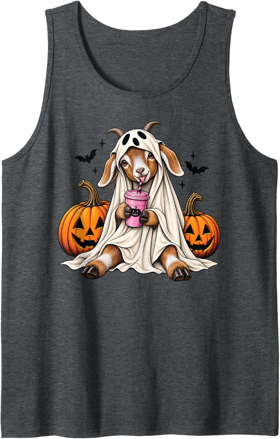 Cute Goat Ghost Halloween Tank Top - Dark Heather Grey
