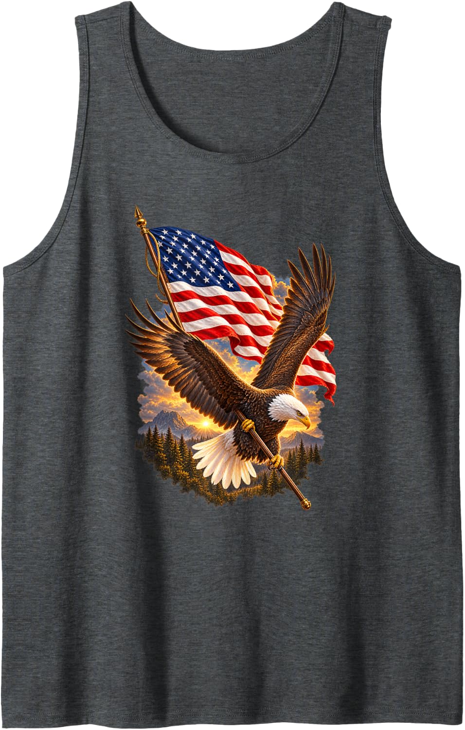 Patriotic Bald Eagle Soaring American Flag USA Mountains Sleeveless Tank Top - Dark Heather Grey