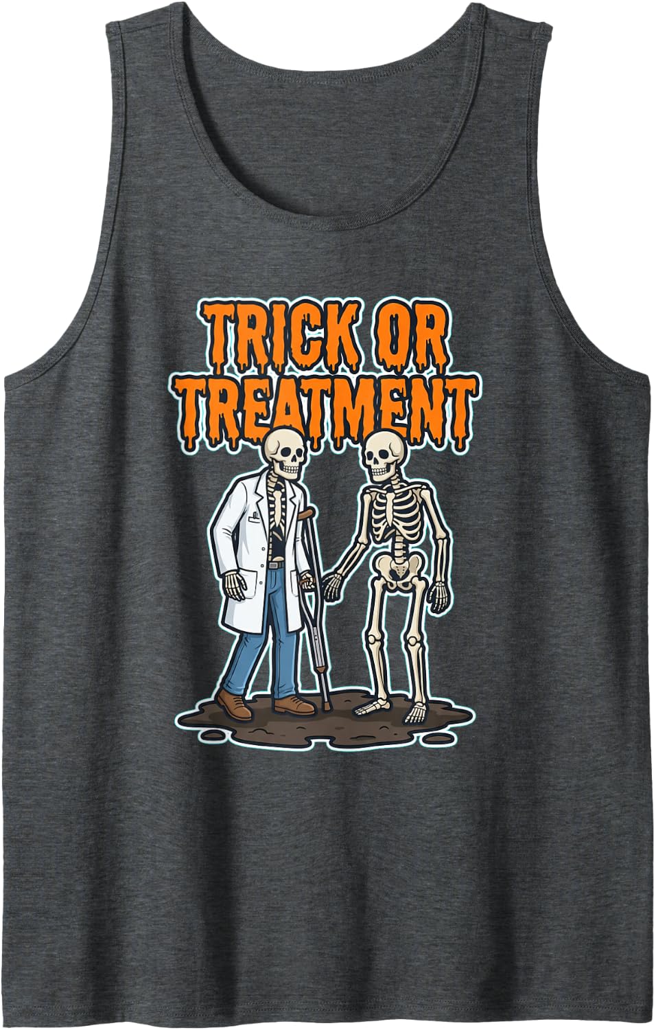 Trick Or Treatment Halloween Skeleton Doctor Graphic Sleeveless Tank Top - Dark Heather Grey