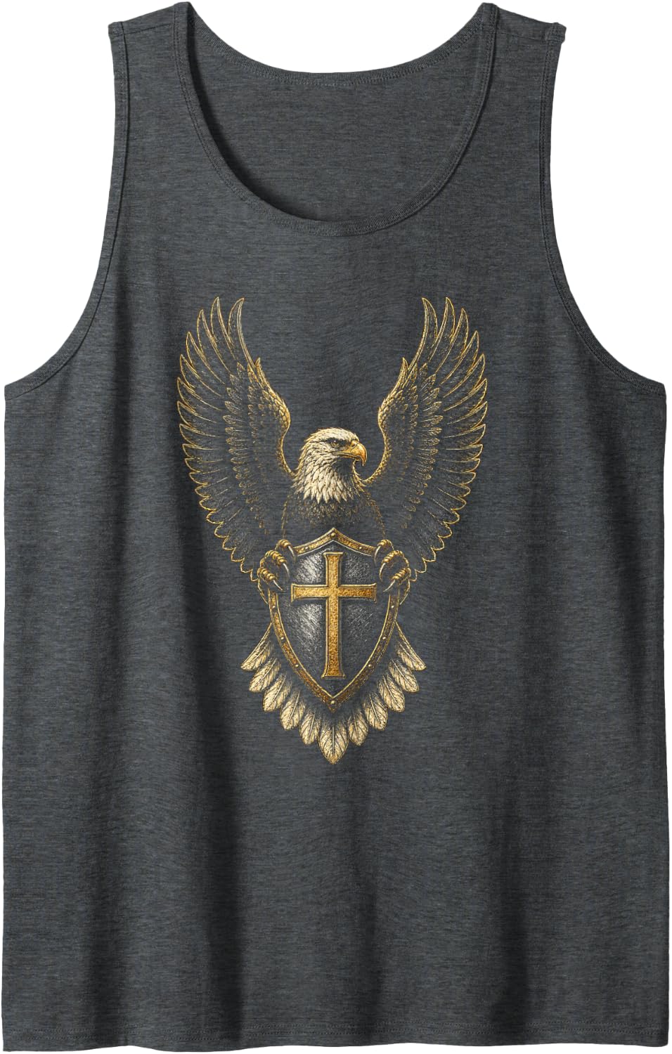 Christian Cross Bald Eagle Shield Engraving for Men Sleeveless Tank Top - Dark Heather Grey