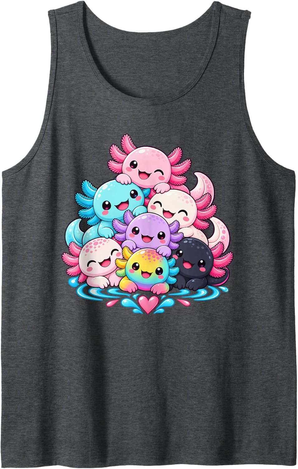 Cute Axolotl Group Kawaii Pastel Aquatic Creature Hearts Sleeveless Tank Top - Dark Heather Grey