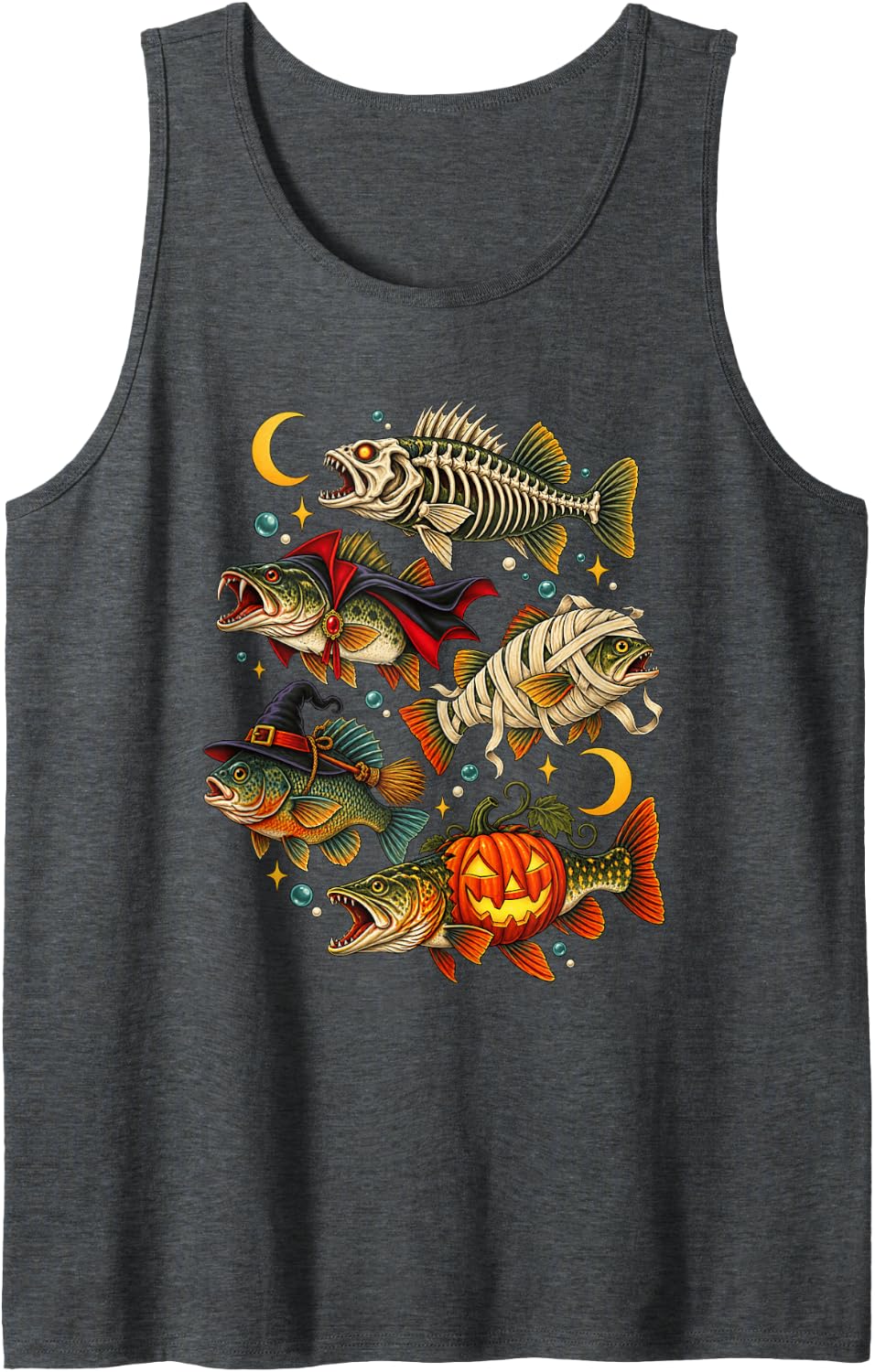 Halloween Trout/Bass Fish Ghost Pumpkin Skeleton Mummy Sleeveless Tank Top - Dark Heather Grey