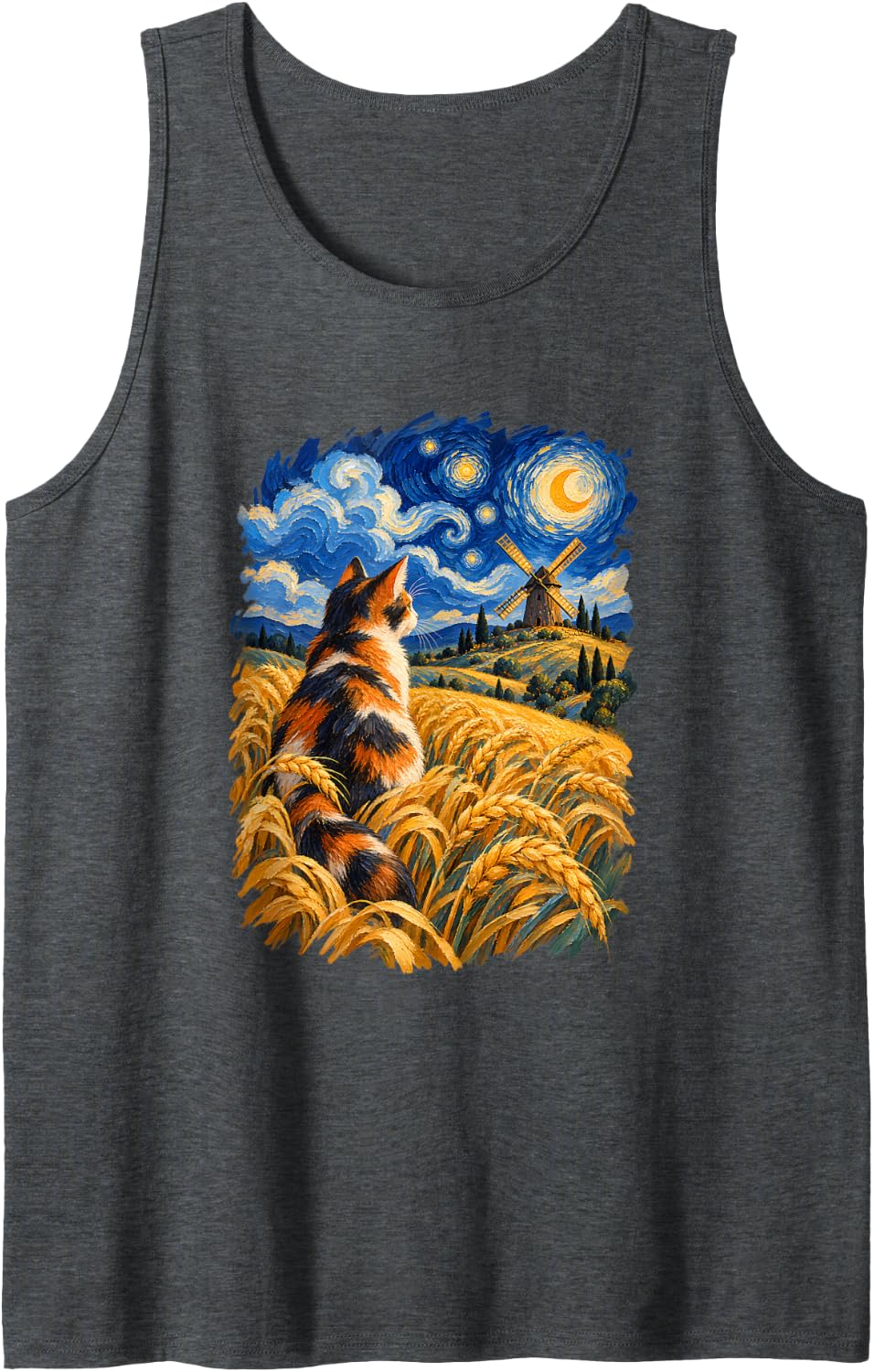 Calico Cat Wheat Field Van Gogh Inspired Starry Night Scene Sleeveless Tank Top - Dark Heather Grey