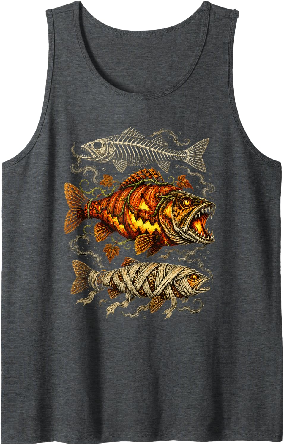 Halloween Trout Fish Ghost Pumpkin Skeleton Mummy Sleeveless Tank Top - Dark Heather Grey