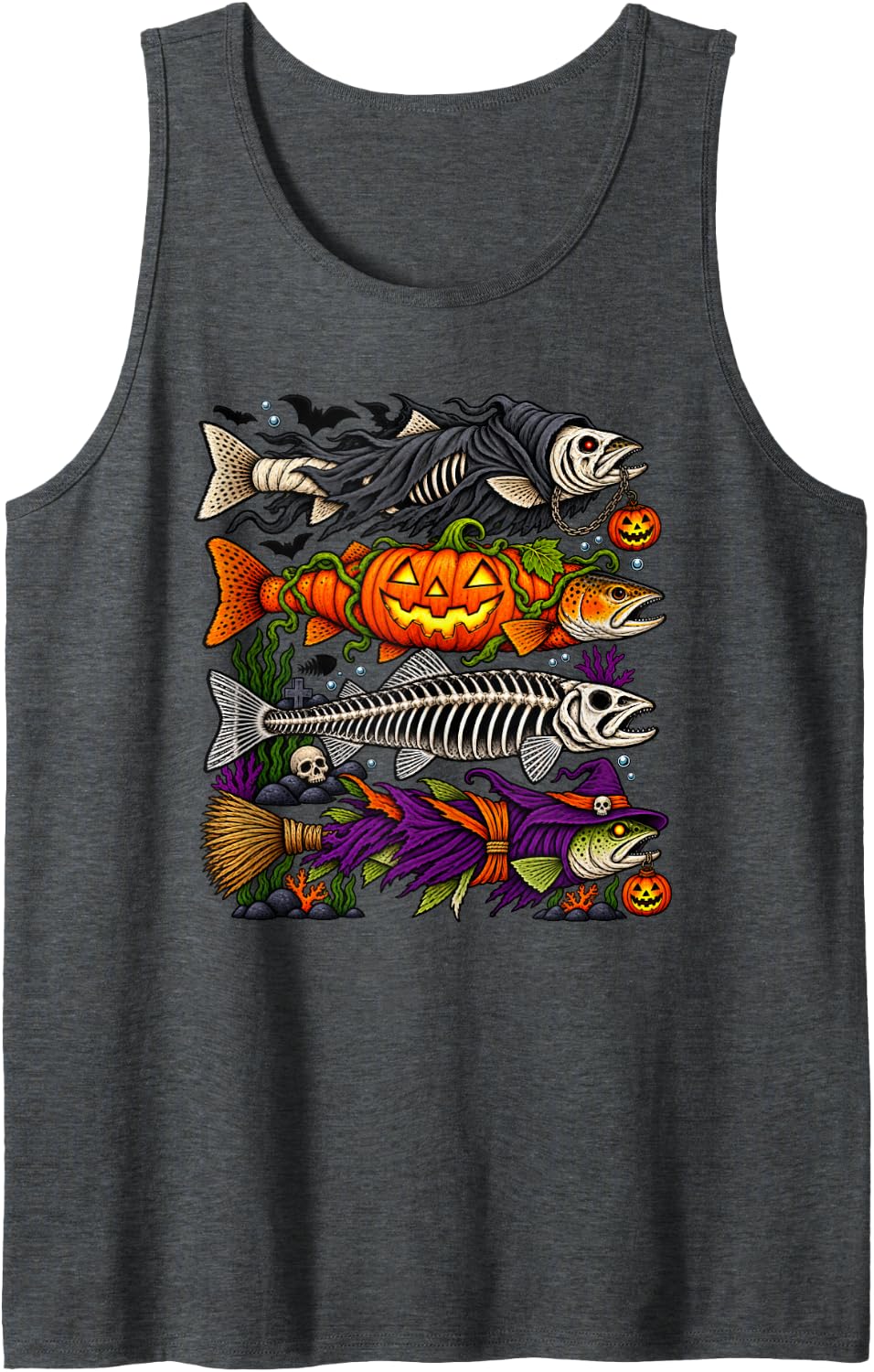 Trout Fish Ghost Pumpkin Skeleton Halloween Witch Sleeveless Tank Top - Dark Heather Grey