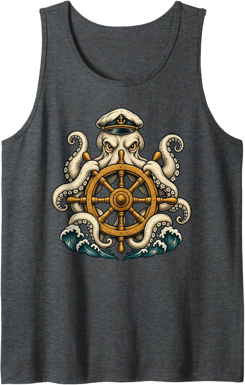 Vintage Octopus Captain Nautical Sailing Sleeveless Tank Top - Dark Heather Grey